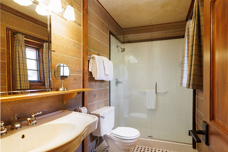 Bathroom amenities of a guest cabin at The Home Ranch in Colorado.