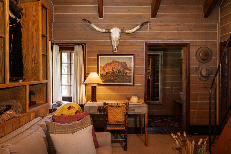 Inviting interior of a luxury traditional wood cabin in Clark, Colorado.