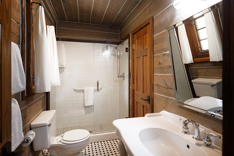 Bathroom amenities of a cozy guest cabin at The Home Ranch in Colorado.