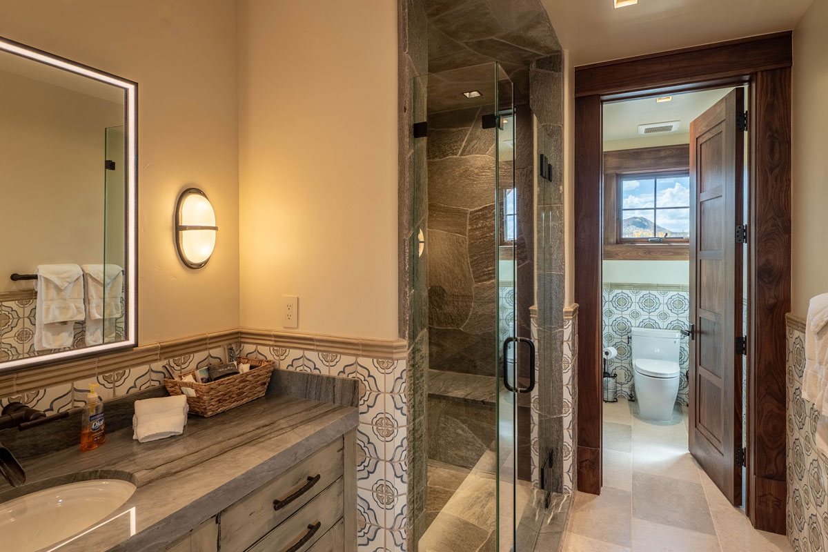 Bathroom inside the Hideaway suite at The Lodge, a two-room suite at The Home Ranch in Colorado.