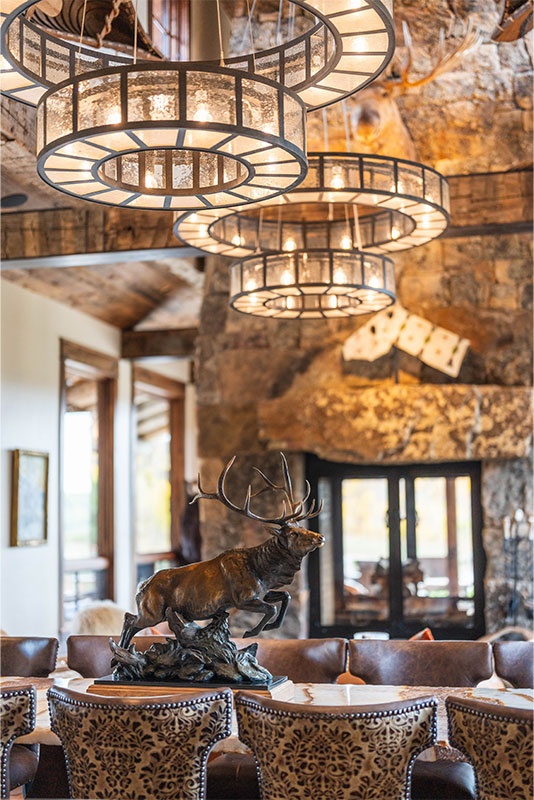 Rustic decor inside The Great Lodge at The Home Ranch in Colorado.
