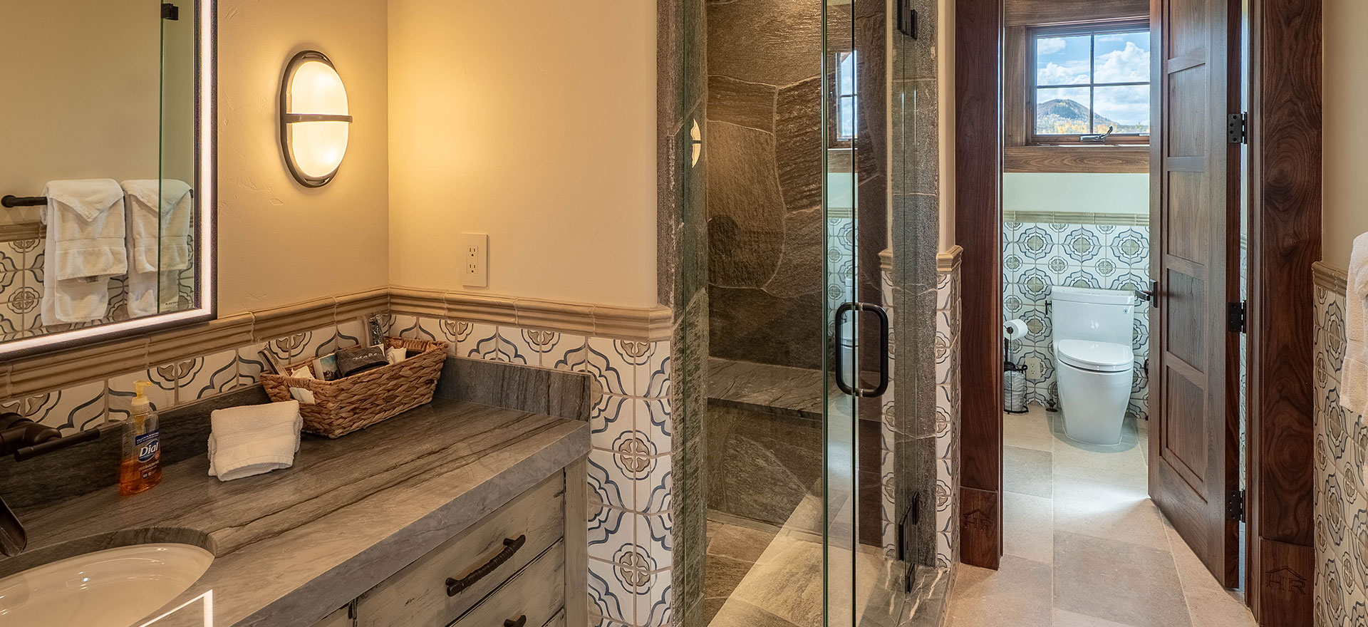 Bathroom inside the Hideaway suite at The Lodge, a two-room suite at The Home Ranch in Colorado.
